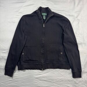 VTG Lauren Ralph Lauren Womens L Black Ribbed Full Zip Cardigan Elbow Patches